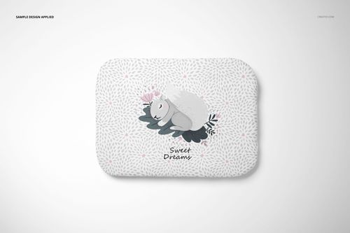 Front view of a baby pillow mockup with a cute squirrel graphic, leafy accents, and subtle dotted background.