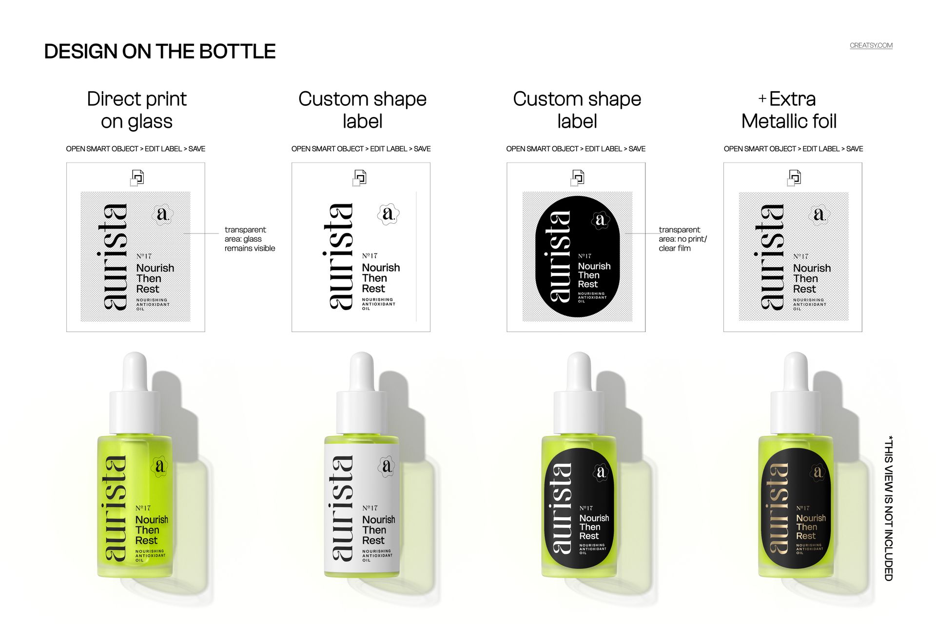 Front view of dropper bottles with different label designs displayed on a white background alongside carton dieline mockups.