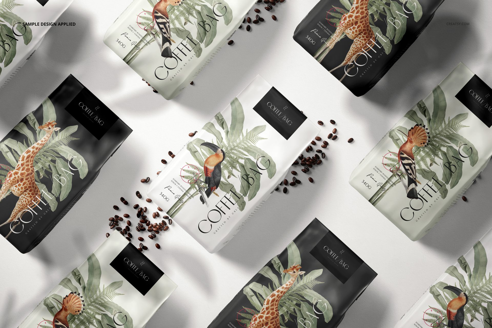 PSD mockup of paper coffee bags with nature-inspired artwork, displayed from above with coffee beans scattered around.