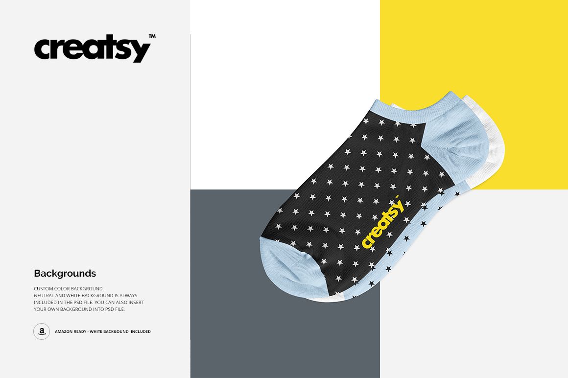 PSD mockup of a low cut sock featuring a black body with white stars and blue accents, displayed on a geometric background.