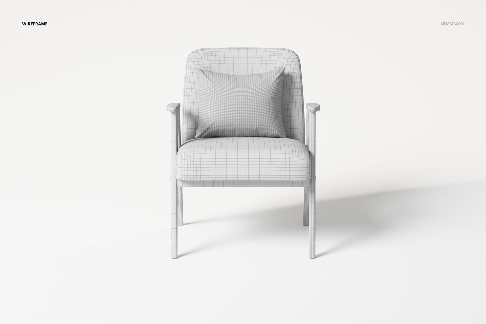 Front view of a wood frame armchair with a single square pillow, shown in a light gray wireframe pattern on a white background.