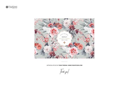 Rectangular gift box mockup featuring elegant floral wrapping paper in shades of pink, white, and gray, displayed on white.