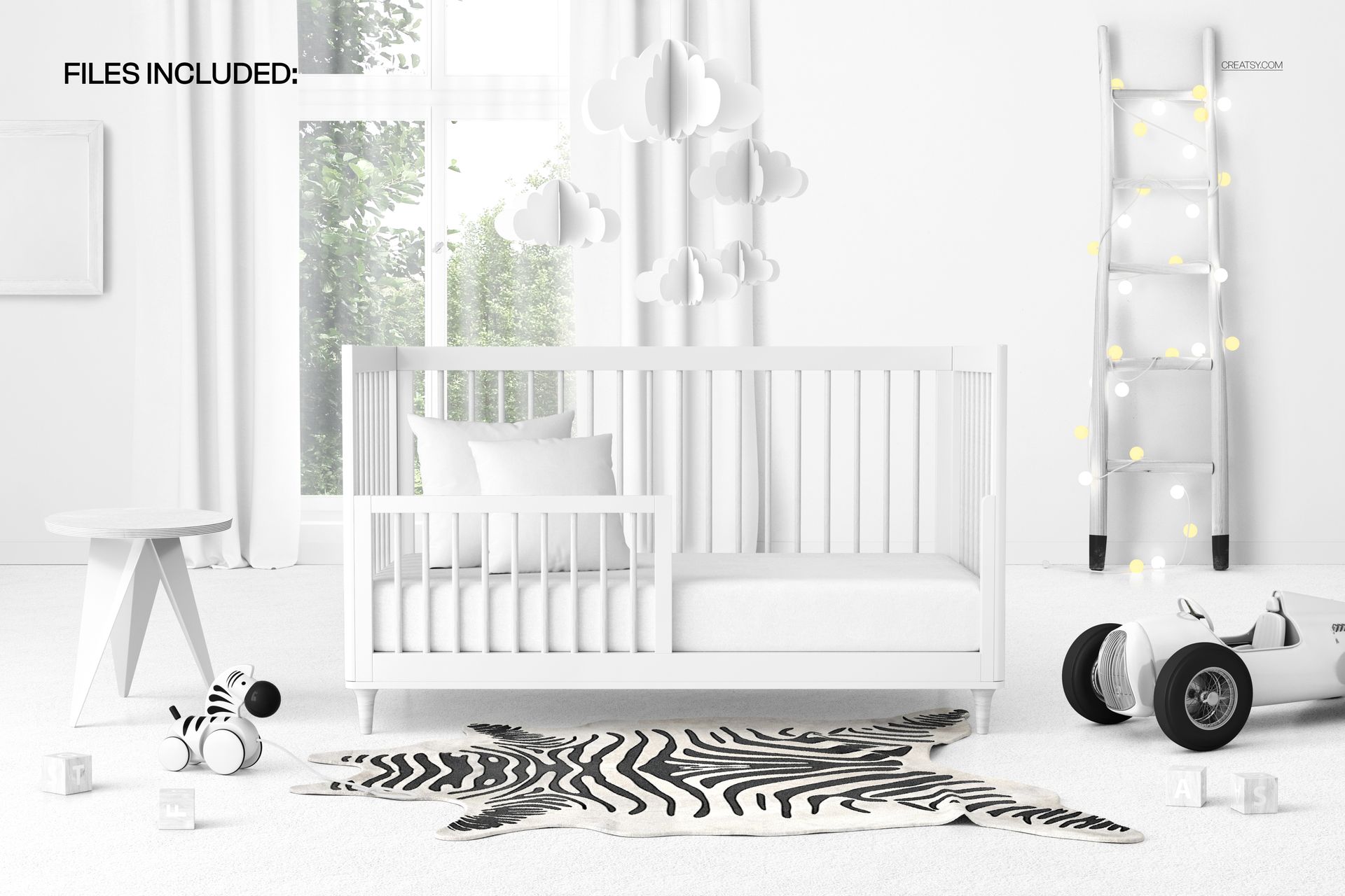 PSD mockup showing a white baby crib with toddler rail in a kids room, surrounded by playful decor and soft lighting.