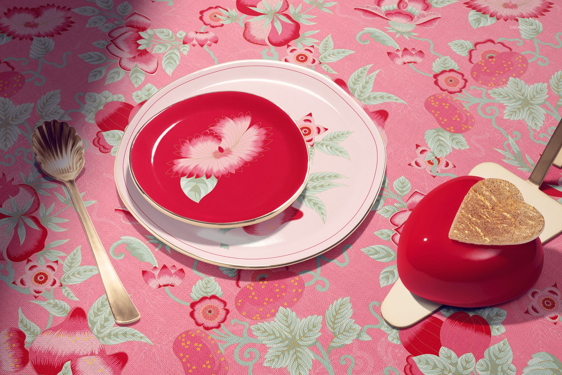 Valentine-themed cake plate mockup featuring red and white plates with floral patterns on a pink decorative tablecloth.