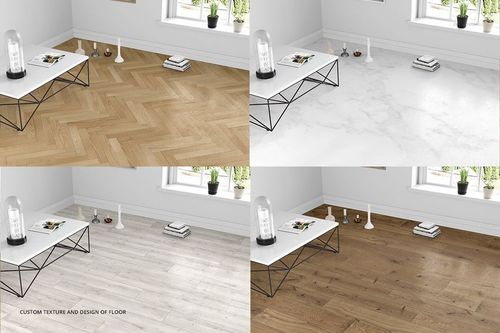 Room scene featuring four carpet mockup variations, each with a different floor texture and color in a modern interior.