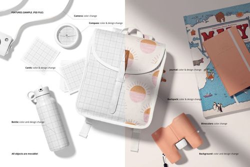Kids backpack mockup shown from top view, half with grid pattern and half with sun and rainbow design, surrounded by travel props.
