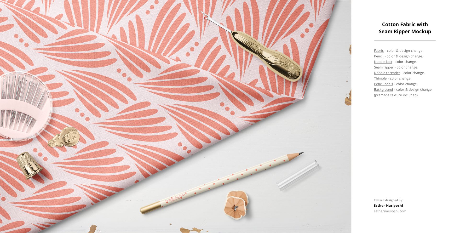 Top view of cotton fabric mockup featuring a coral leaf motif, with seam ripper, pencil, and sewing accessories nearby.