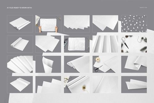 Multiple mockup scenes showing plain white wrapping tissue paper in different arrangements and perspectives.