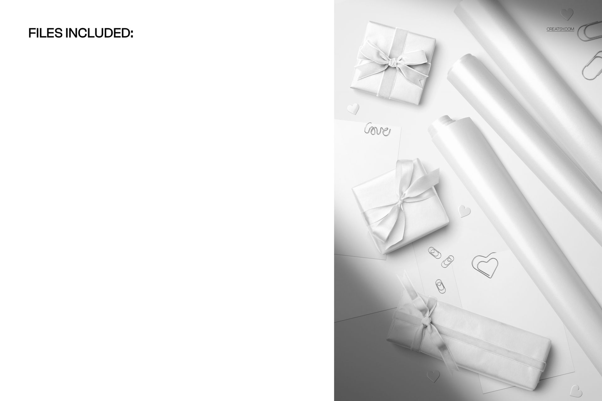 PSD mockup showing multiple gift boxes and wrapping paper rolls with minimal Valentine’s heart patterns from above.