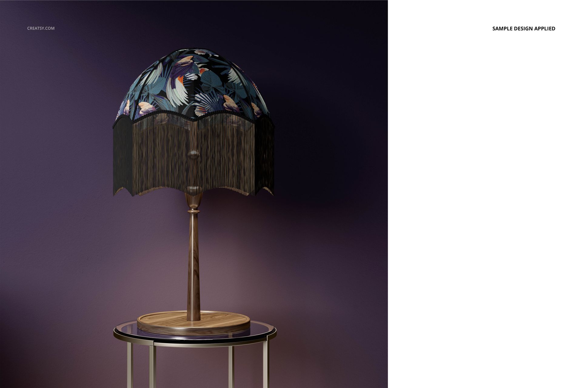 Front view of a velvet table lamp mockup with a fringed shade, displaying a botanical motif on a purple background.