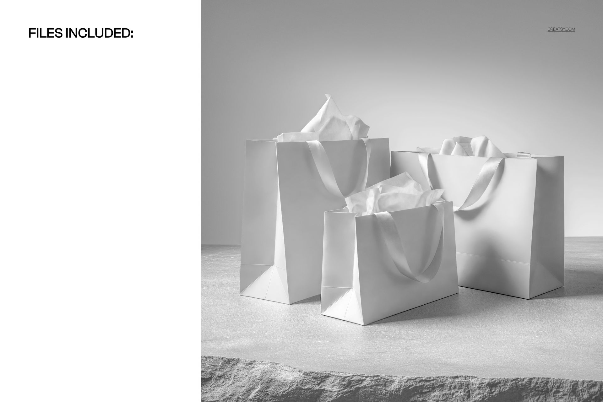 Three white ribbon handle gift bags with tissue paper, shown on a textured stone surface in a front view mockup.
