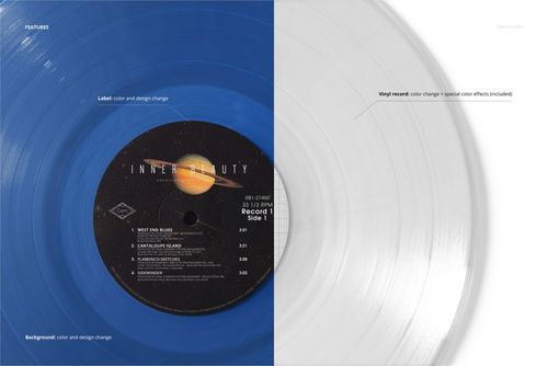 Close-up view of a translucent vinyl record mockup, half blue and half clear, with visible grooves and label.