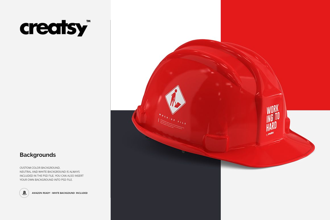 PSD mockup of a red safety helmet with white logo and lettering, set against a divided red, white, and black backdrop.