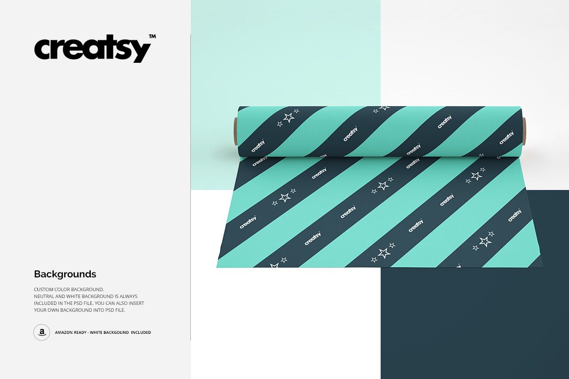 Cotton fabric roll mockup displayed on a white surface with teal and navy diagonal stripes and small star patterns.