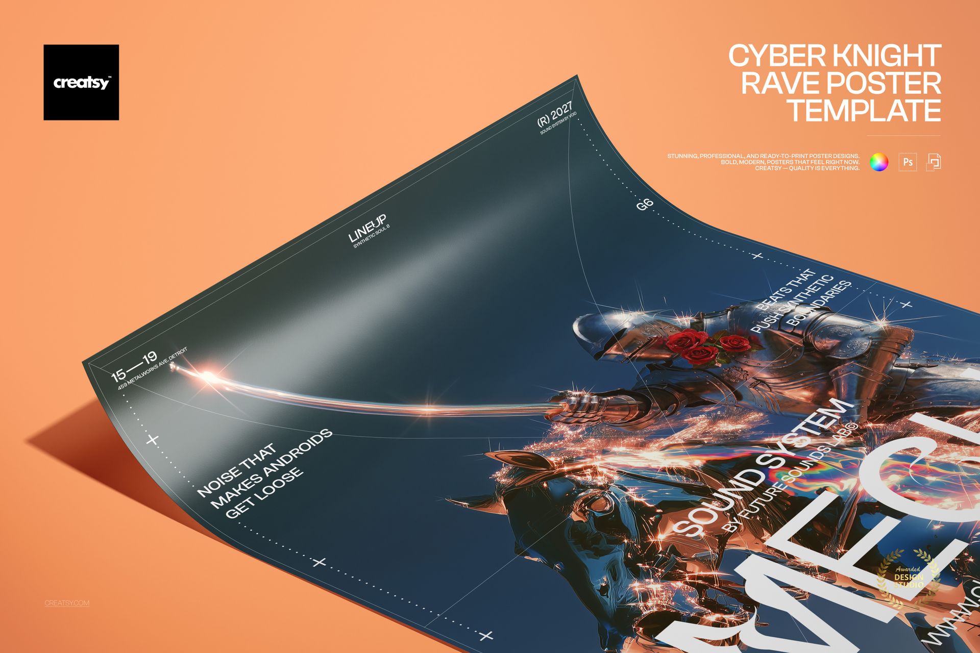 Front view of a poster mockup featuring a futuristic cyber knight design with vibrant neon colors on an orange surface.