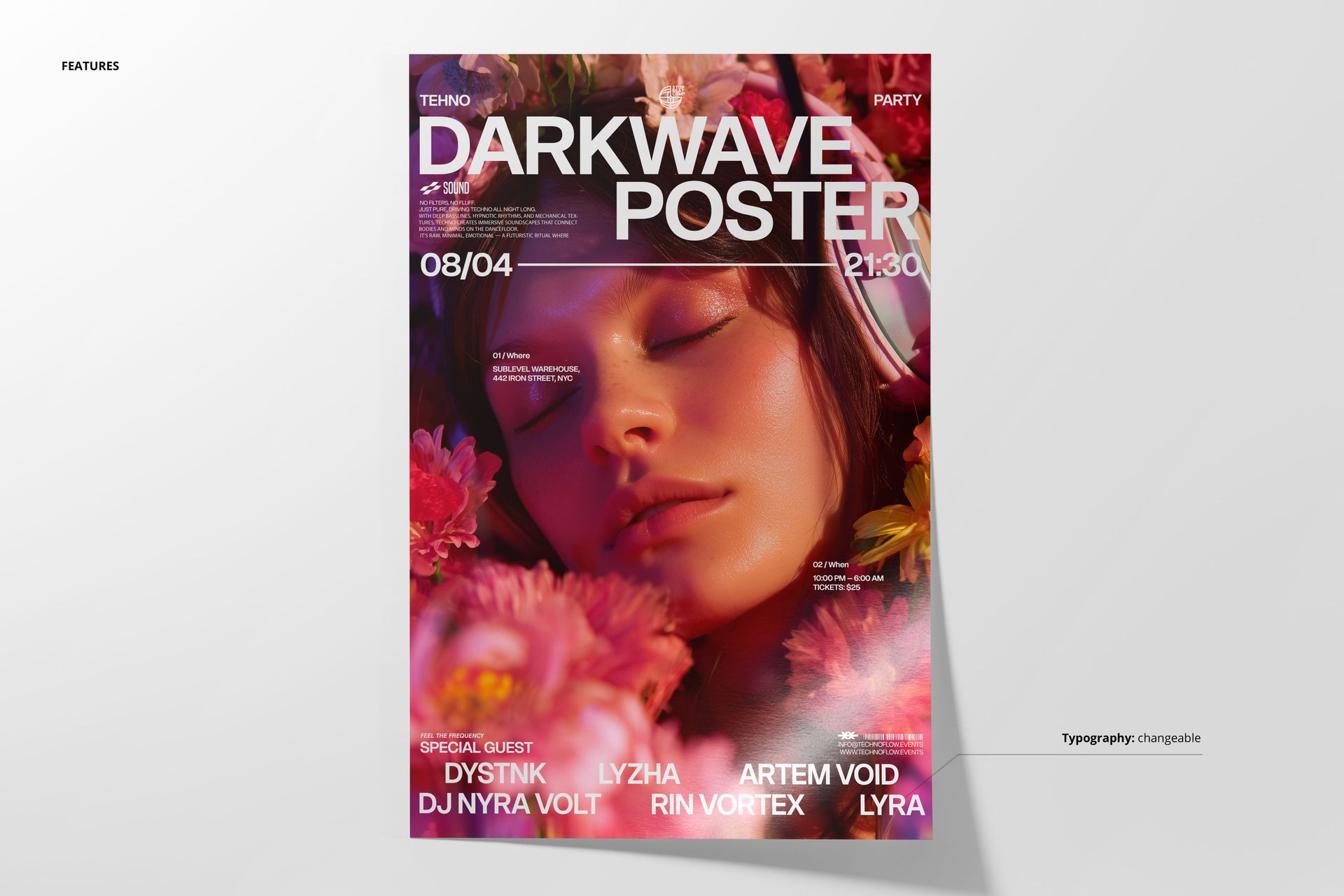 Front view of a floral-themed poster mockup with bold white text and colorful pink and red flower background.