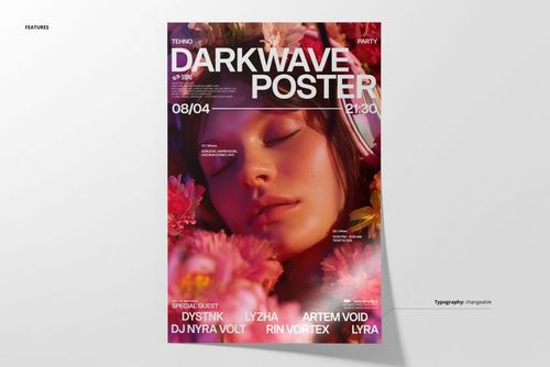 Front view of a floral-themed poster mockup with bold white text and colorful pink and red flower background.