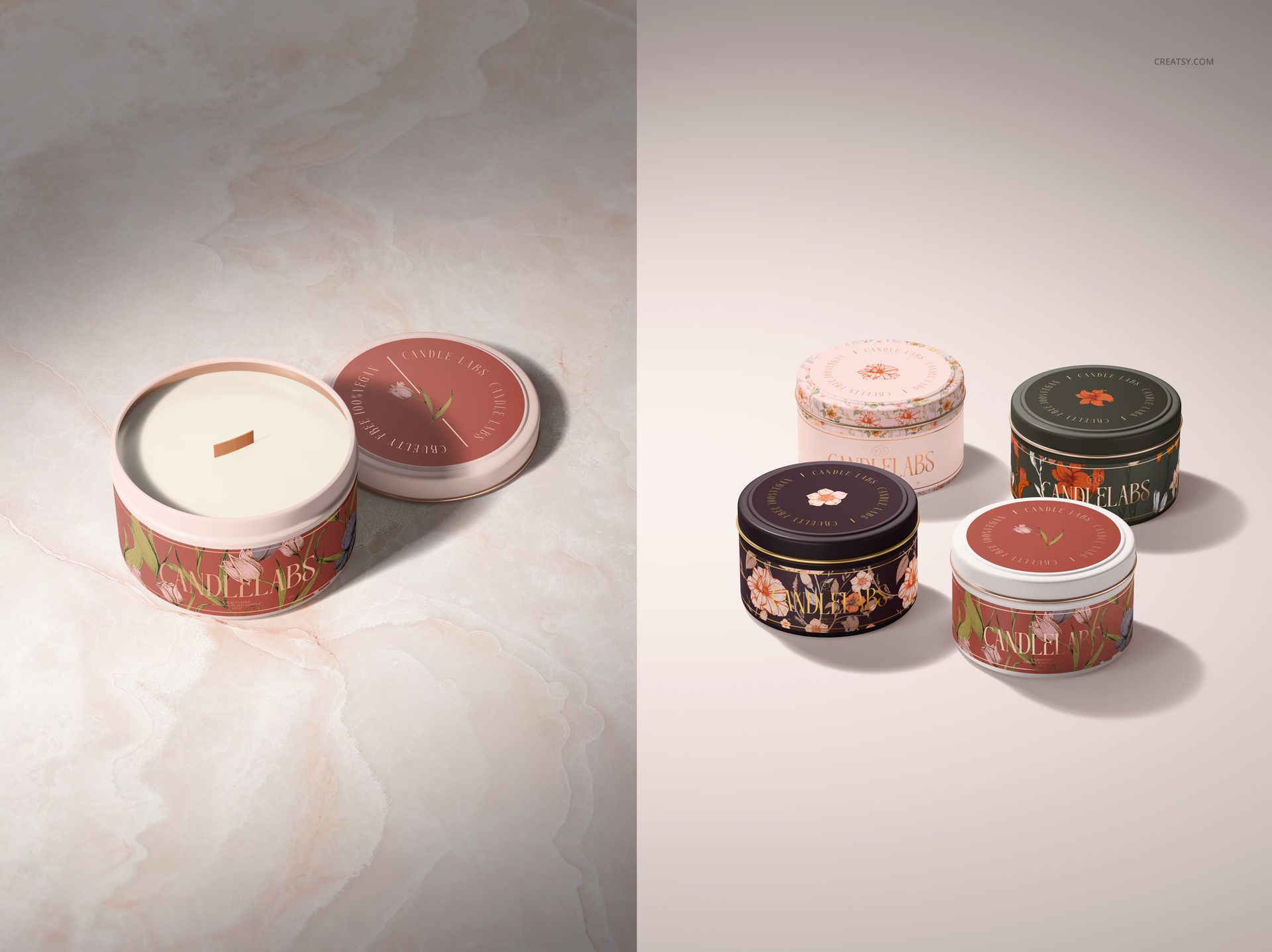 PSD mockup set featuring open and closed candle tins, each decorated with unique botanical patterns on a light background.