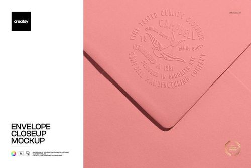 Pink envelope mockup with embossed stamp design, shown in close-up on a matching pink background, stationery scene.