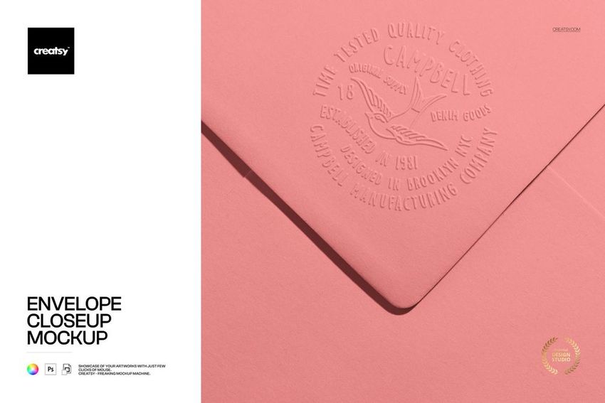 Pink envelope mockup with embossed stamp design, shown in close-up on a matching pink background, stationery scene.