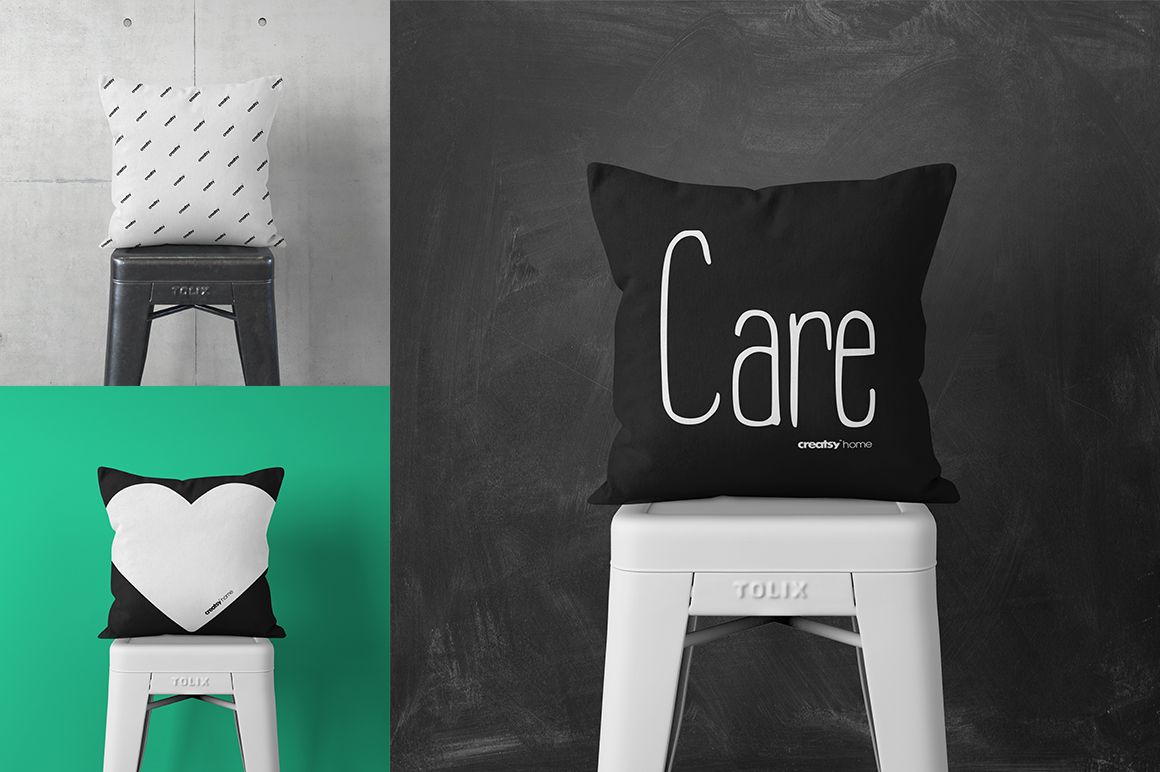 Mockup of throw pillows in black and white, each with a unique design, arranged on stools in different styled scenes.