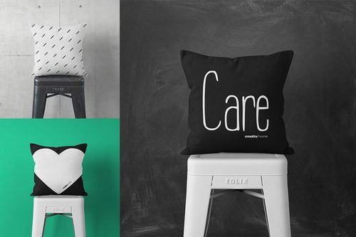 Mockup of throw pillows in black and white, each with a unique design, arranged on stools in different styled scenes.