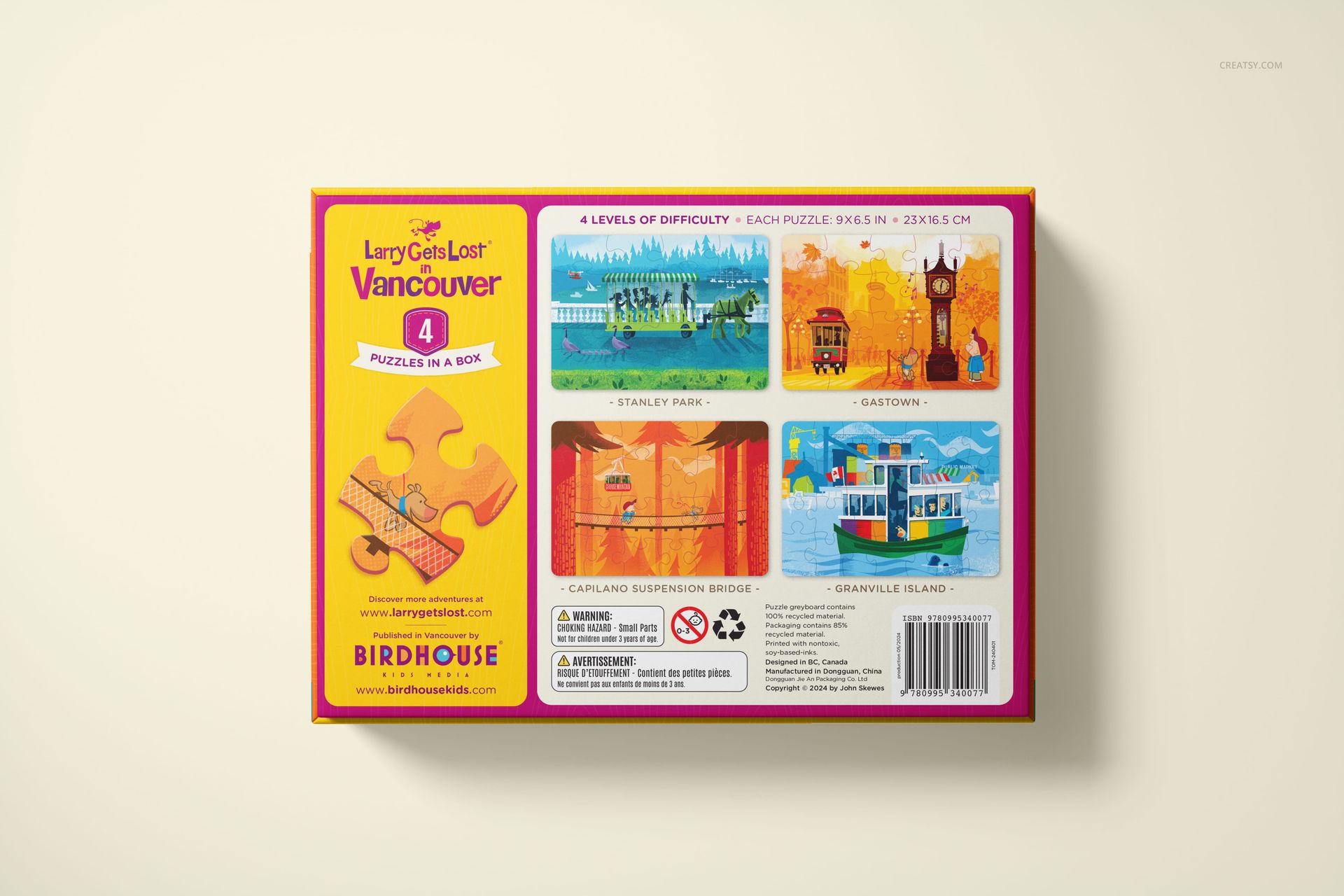 Puzzle game box with four illustrated scenes on the back, yellow and orange accents, shown from a top angle.