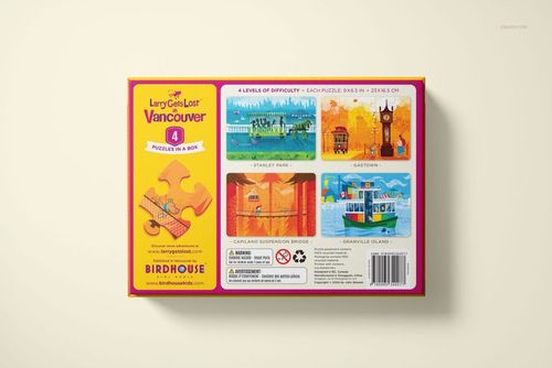 Puzzle game box with four illustrated scenes on the back, yellow and orange accents, shown from a top angle.