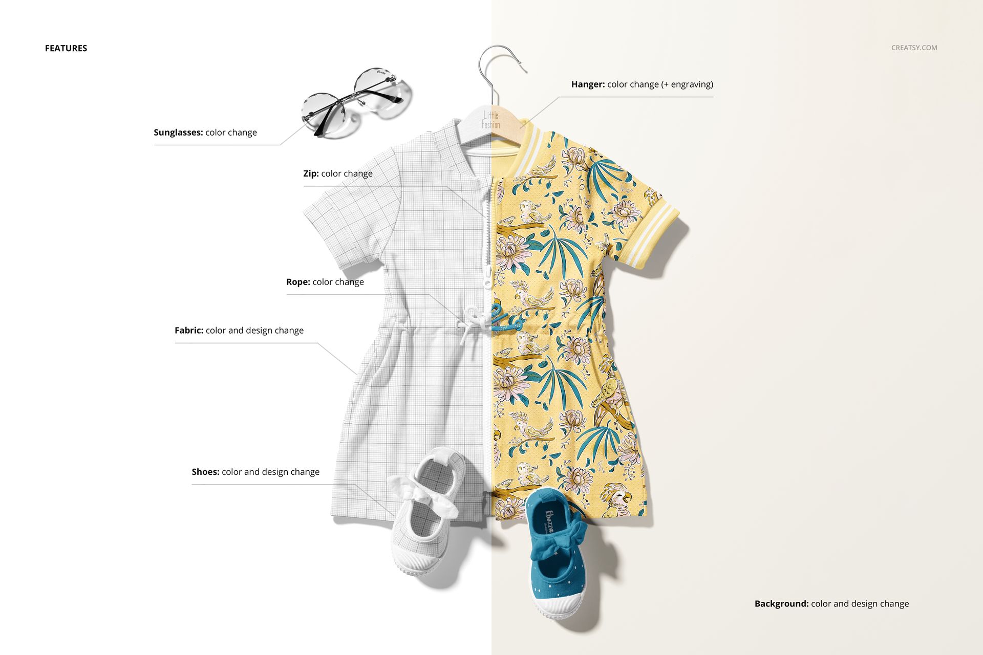 Split scene showing two baby dress mockups, one in light gray with grid lines and one in yellow with palm motifs, plus shoes and sunglasses.