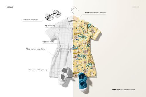 Split scene showing two baby dress mockups, one in light gray with grid lines and one in yellow with palm motifs, plus shoes and sunglasses.