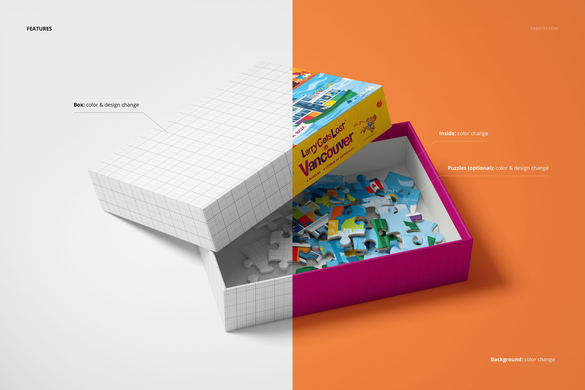 Open puzzle game box mockup shown from an angled top view, with half in grid pattern and half in colorful design, scattered pieces inside.