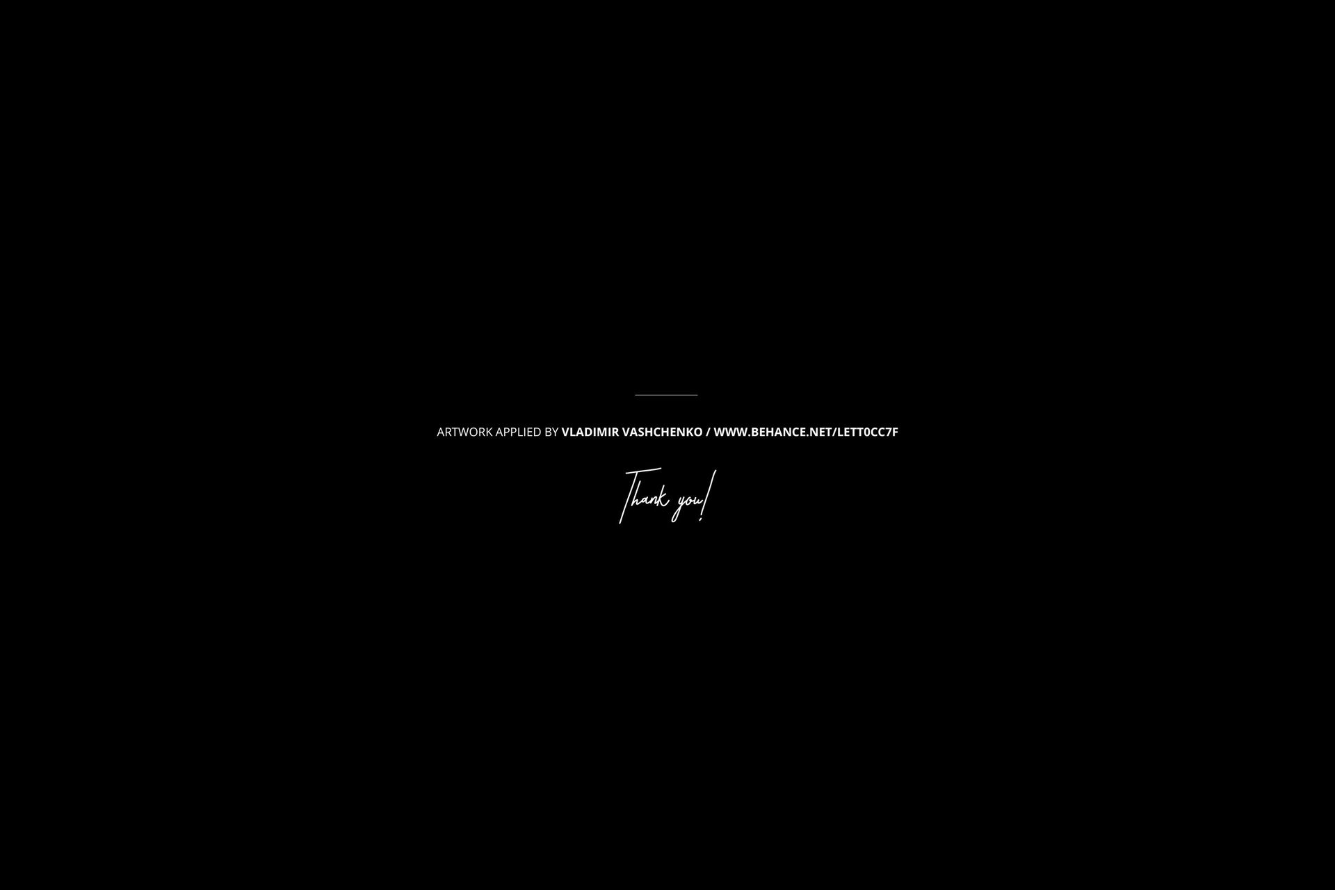 Centered white text on a solid black background, featuring a thank you note and attribution to an artist.