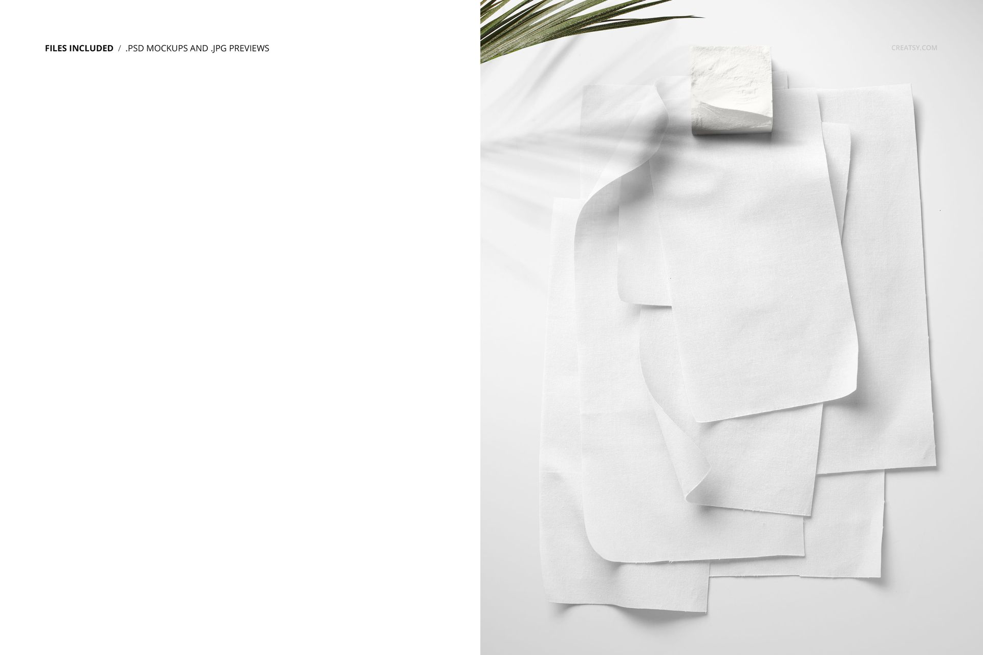 Cotton fabric swatches displayed on a wall mockup, featuring multiple rectangular pieces in a neutral white tone.