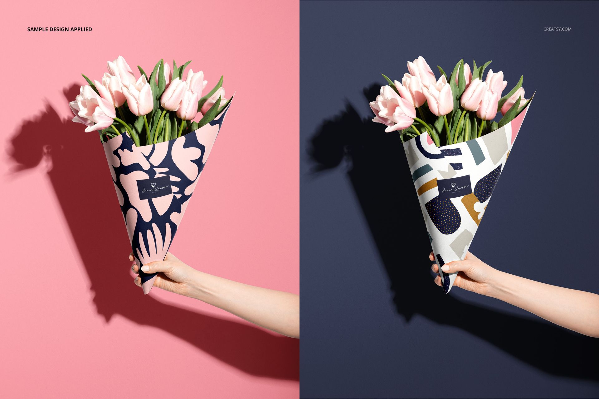 Hand holding a flower packaging cone with pink tulips, shown in two mockup designs against pink and navy backgrounds.