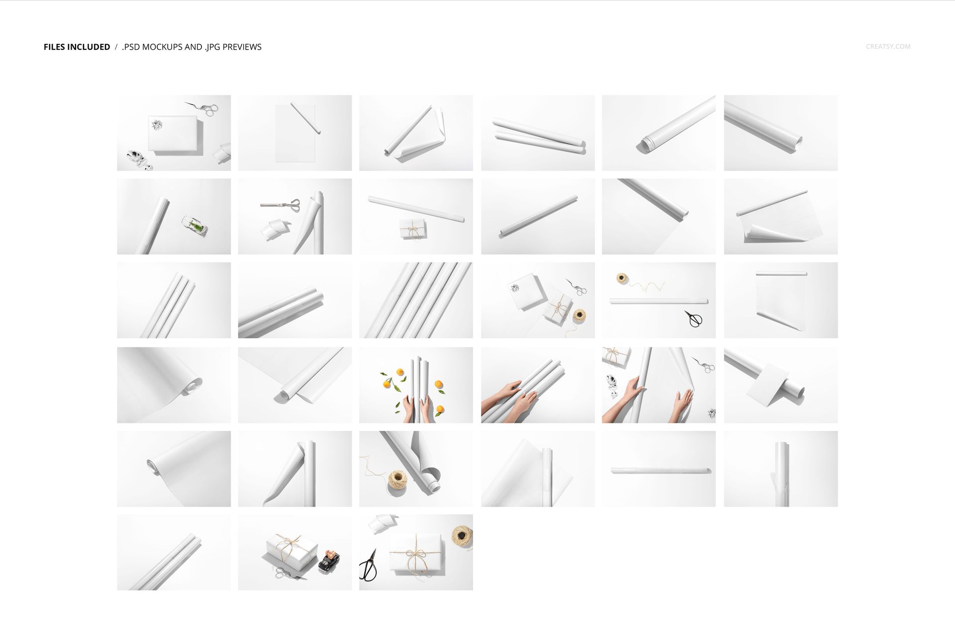 Collection of gift wrapping paper mockups including flat sheets and rolled paper, photographed in bright settings.