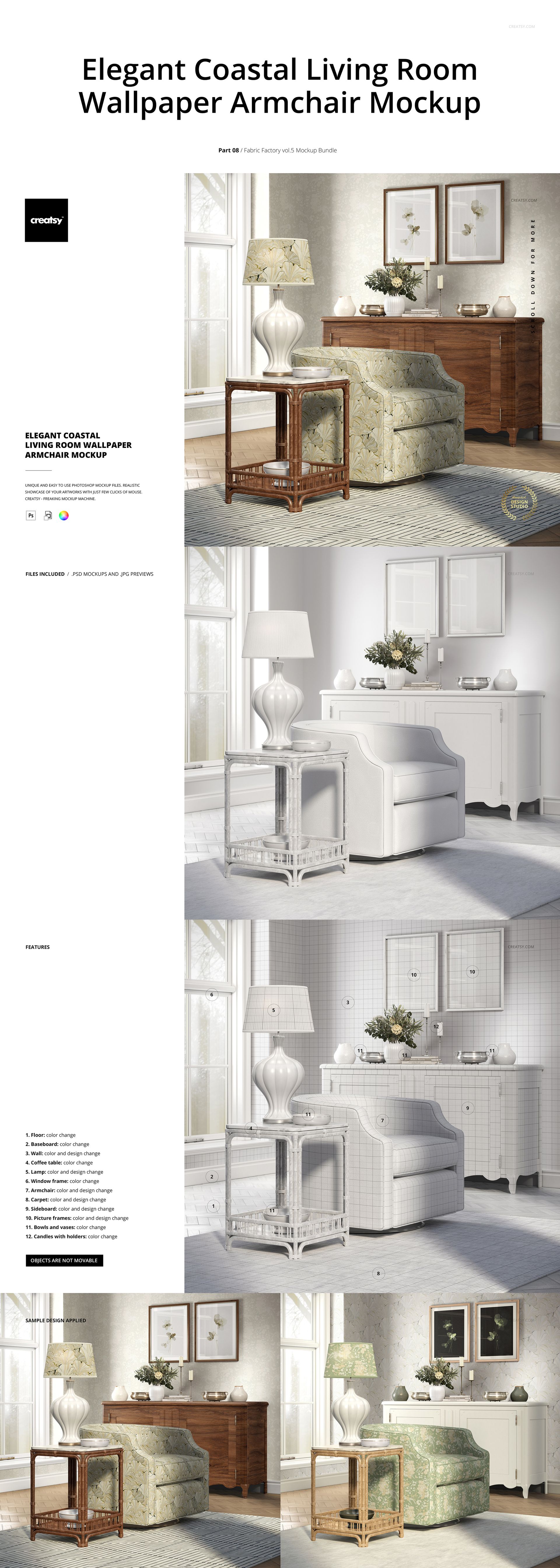 Front view of a living room scene with an armchair, wallpaper, side table, and lamp, shown in various color and pattern mockups.