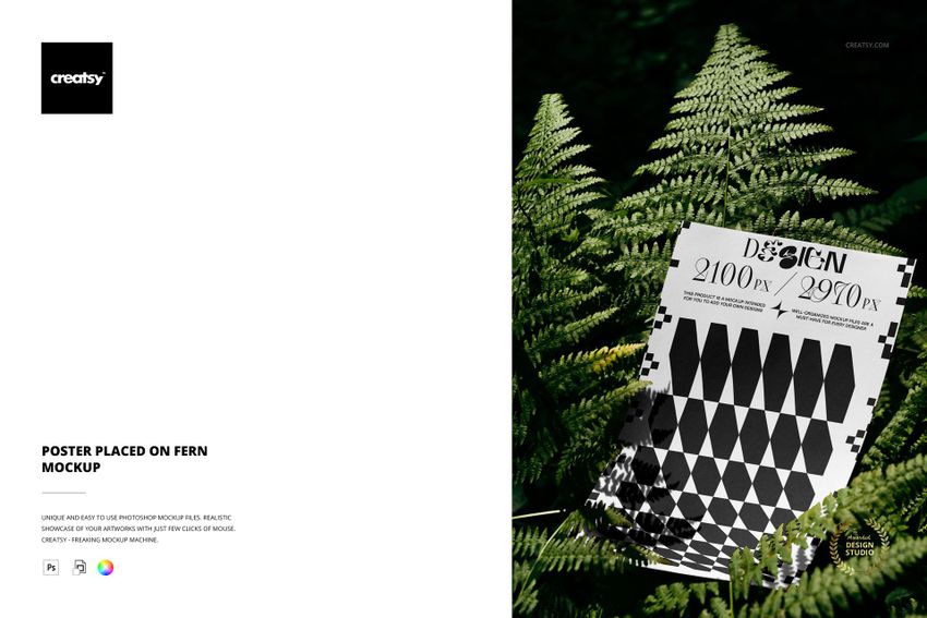 Poster mockup featuring a rectangular print with geometric patterns placed among green fern leaves in sunlight.