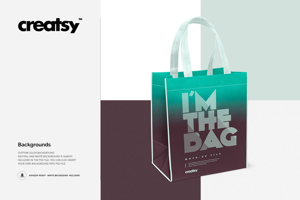 Canvas bag mockup with a bold gradient pattern and white handles, shown from the front on a multi-color backdrop.