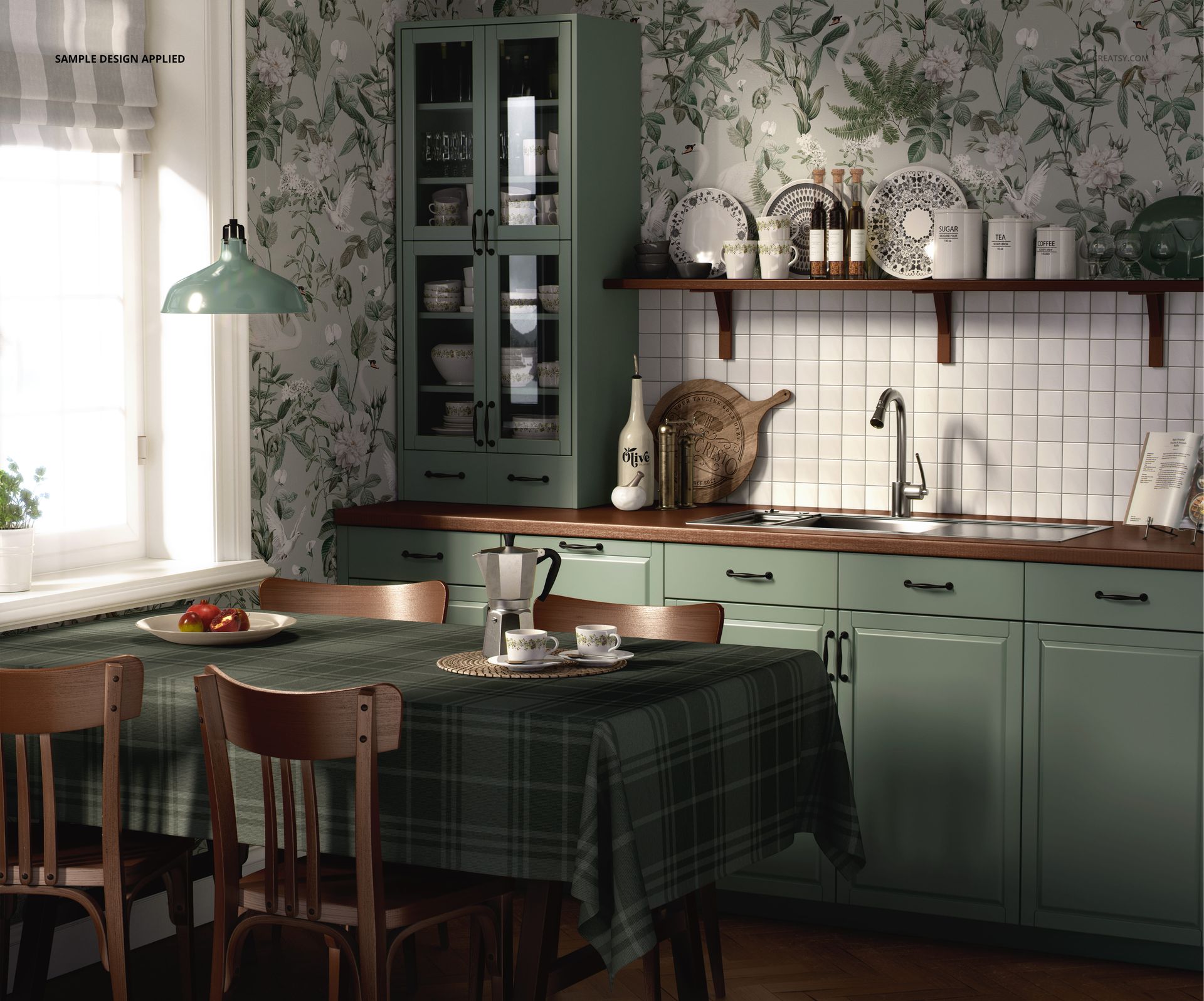 Front view of a kitchen mockup featuring green cabinetry, botanical wallpaper, and a checkered tablecloth.