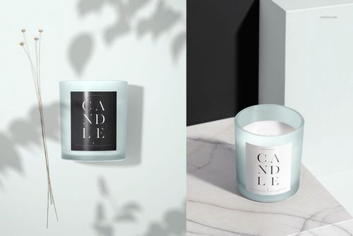 PSD mockup featuring a frosted glass candle with a square label, displayed on marble and light surfaces.