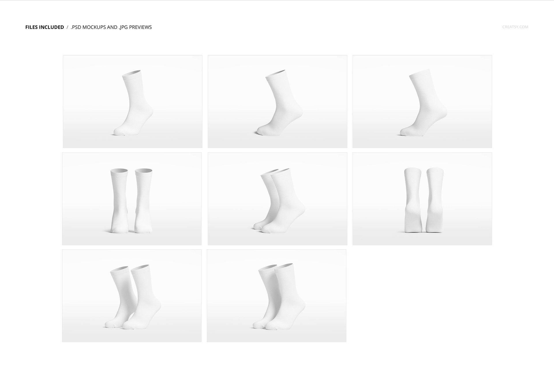 Set of white crew socks displayed in various angles and pairs on a plain light background, fashion accessories mockup.