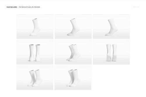 Set of white crew socks displayed in various angles and pairs on a plain light background, fashion accessories mockup.
