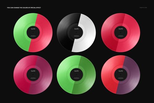 PSD mockup showing six vinyl records with distinct split color designs, displayed against a plain black backdrop.