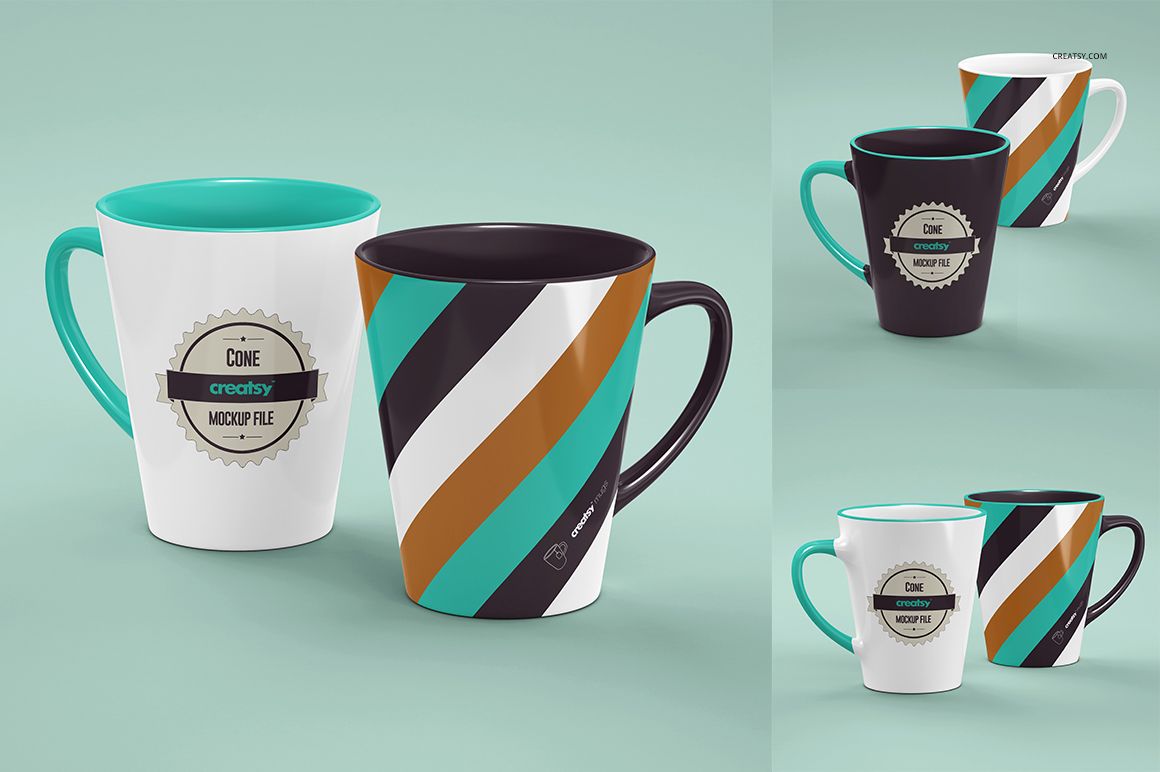 PSD mockup of cone-shaped mugs with colorful striped and solid designs, arranged on a soft mint green surface.
