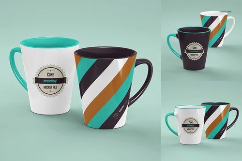 PSD mockup of cone-shaped mugs with colorful striped and solid designs, arranged on a soft mint green surface.