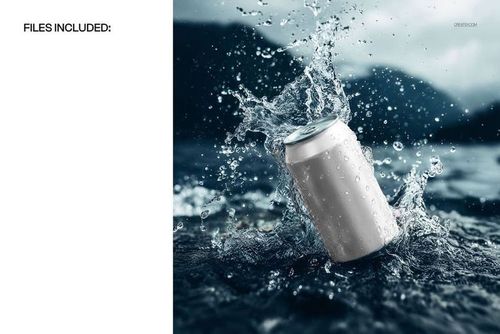 Aluminum drink can mockup with blank label splashing in dynamic water, front view with natural background.
