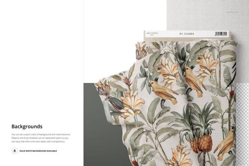 Cotton fabric bolt mockup featuring a botanical print with birds and leaves, shown from above with layered backgrounds.