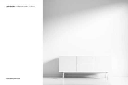 Minimalist aluminum metal print mockup scene featuring a white sideboard against a plain white wall in a bright room.