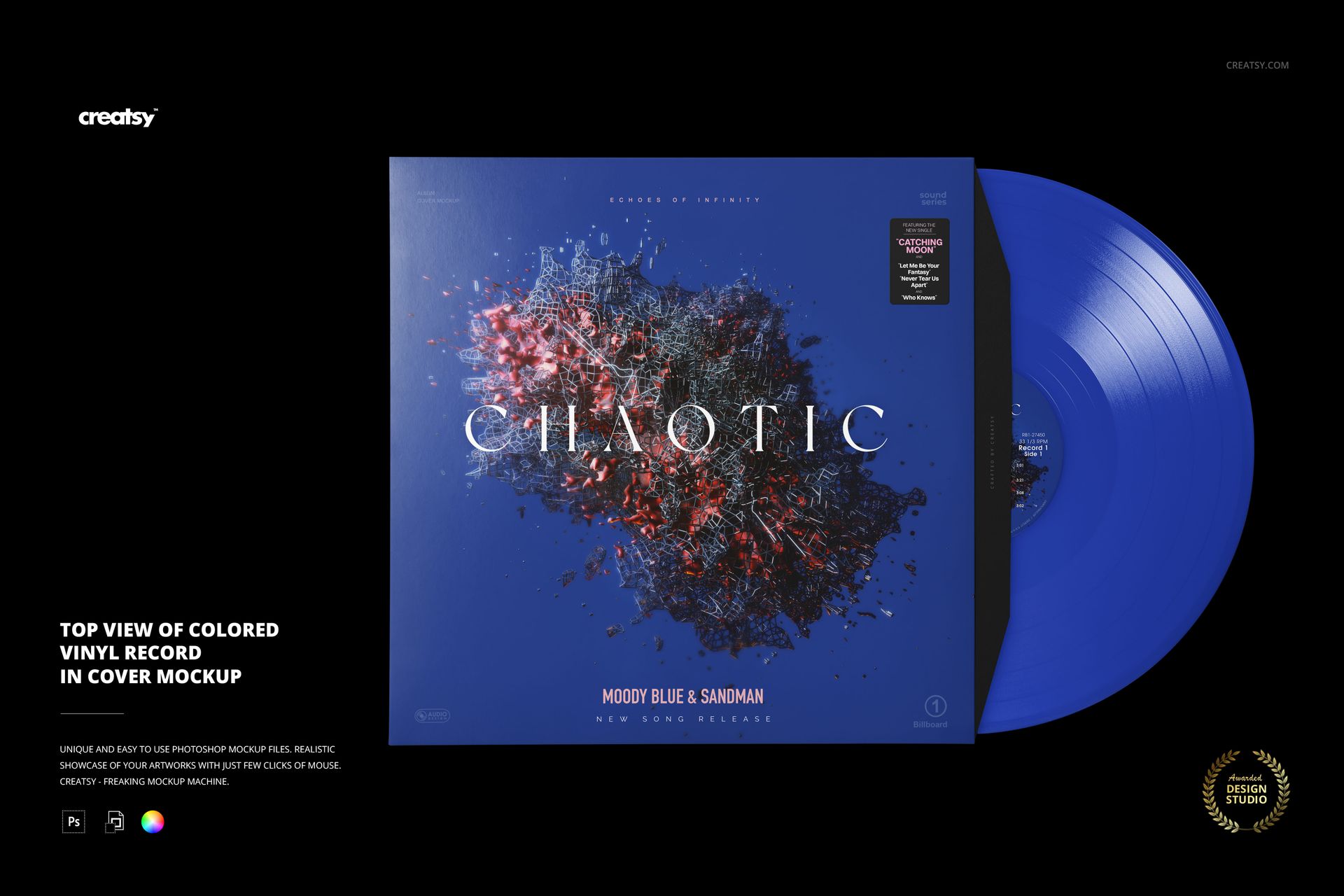 Mockup of a colored vinyl record in its cover, viewed from the top, with vibrant blue tones and artistic graphics.