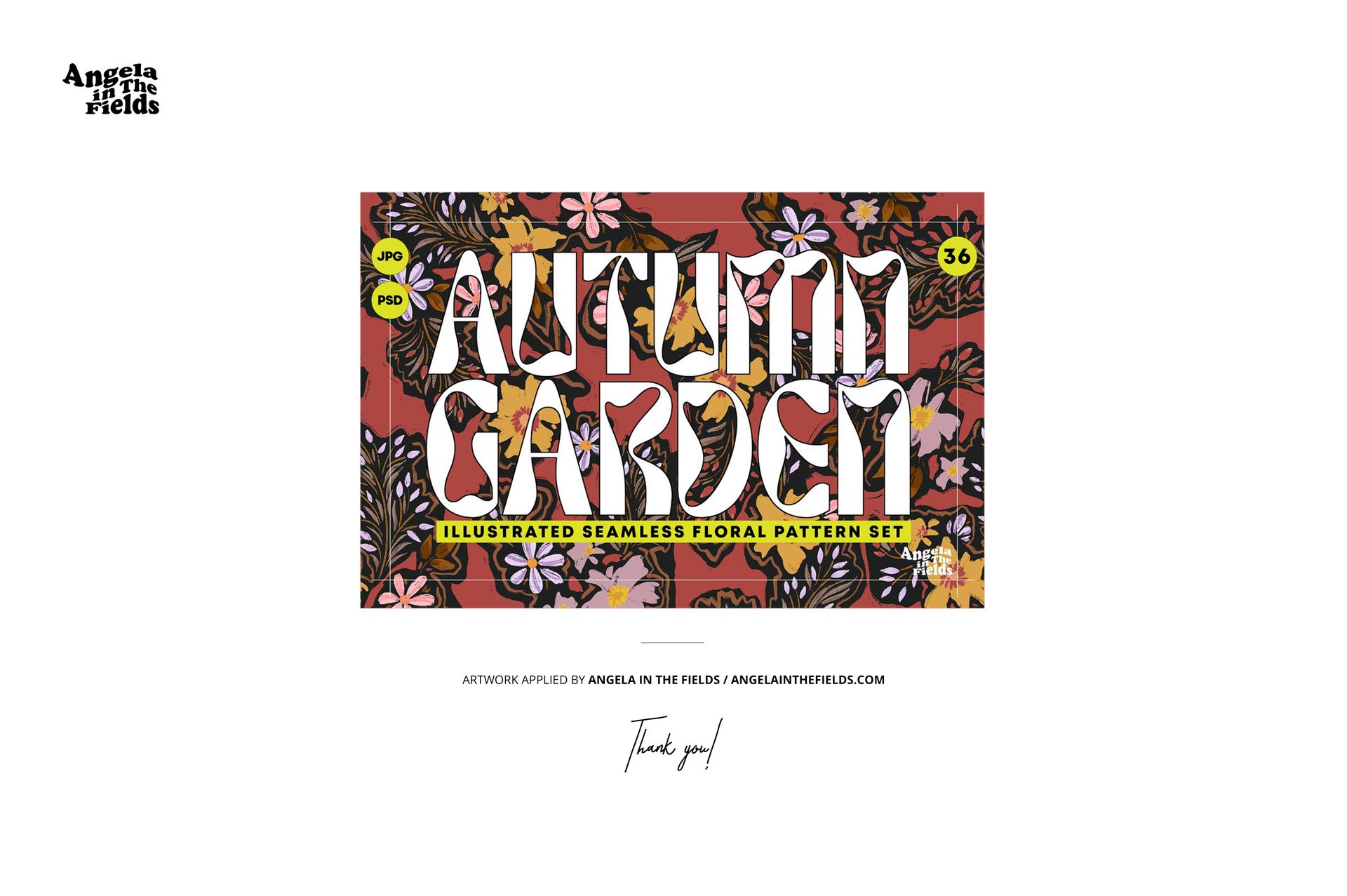 Front view of a fabric swatch mockup featuring an autumn garden floral pattern with bold text overlay.